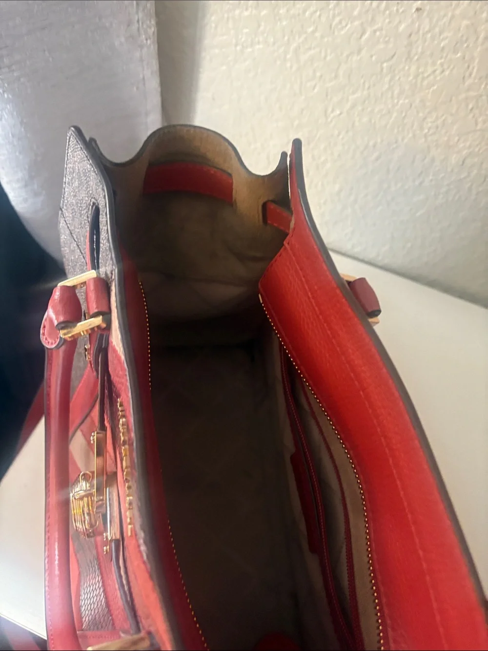 Michael Kors Red and Brown Logo Stripe Satchel with Gold Lock